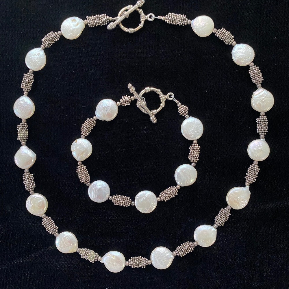 Natural Freshwater Baroque Pearl Necklace and Bracelet with Silver Beads